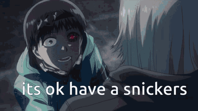 a picture of a man with a red eye and the words " its ok have a snickers "