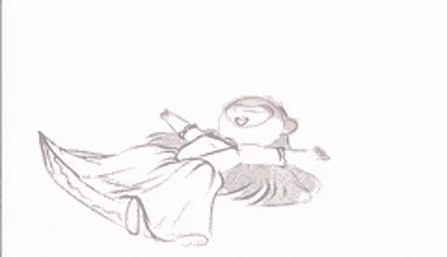 a black and white drawing of a person laying on a bed with hearts coming out of their head .
