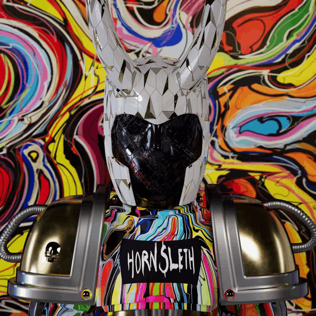 a robot with horns and the word hornsleth on a black patch