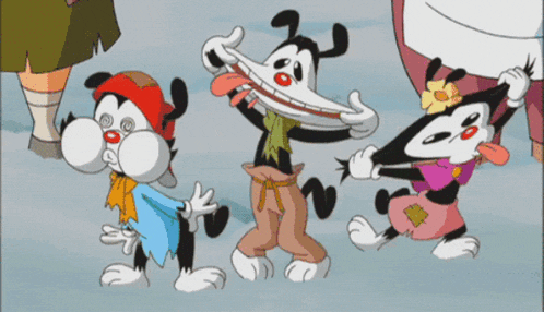 three cartoon characters with their tongues sticking out