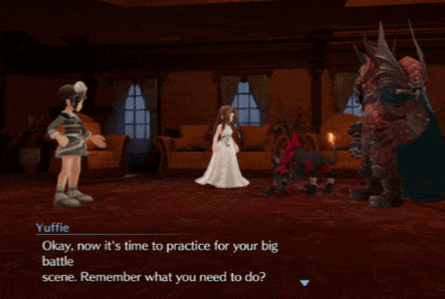 a video game character named yuffie says okay now it 's time to practice your big battle scene remember what you need to do