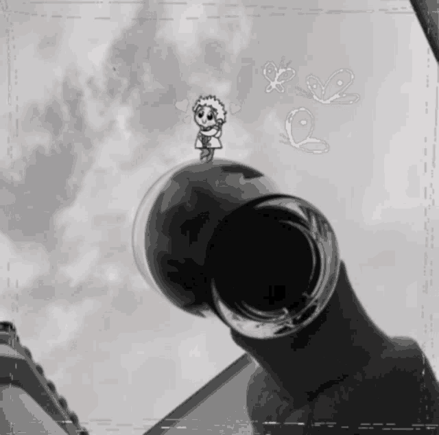 a black and white photo of a person holding a glass with a cartoon character on top of it