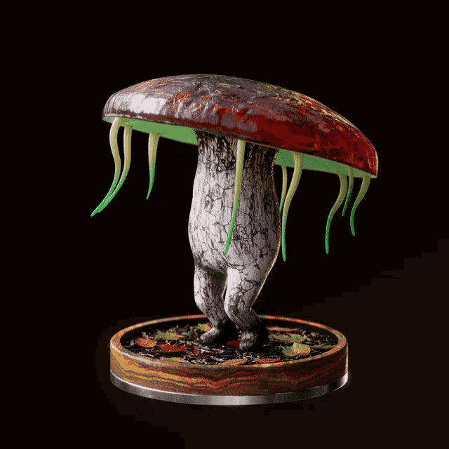 a statue of a mushroom with legs and a green stem