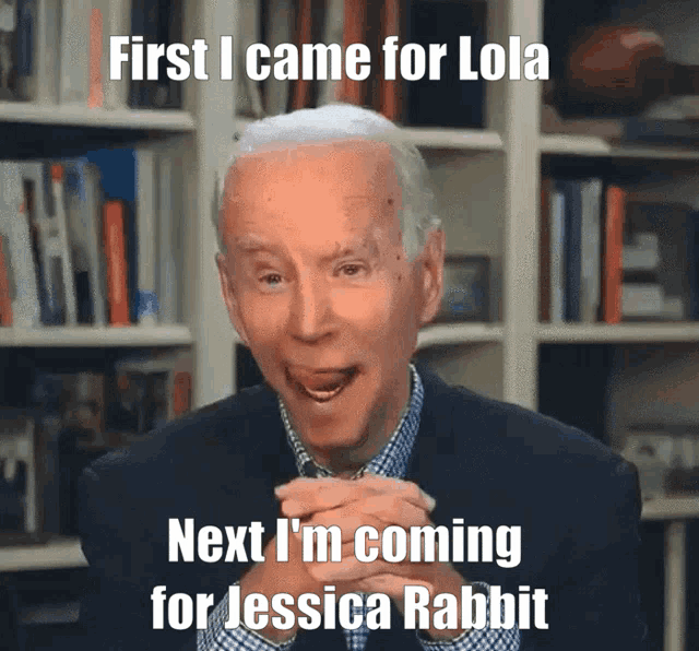 a man in a suit says first i came for lola next i m coming for jessica rabbit