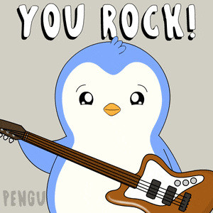 a penguin is holding a guitar with the words you rock behind it