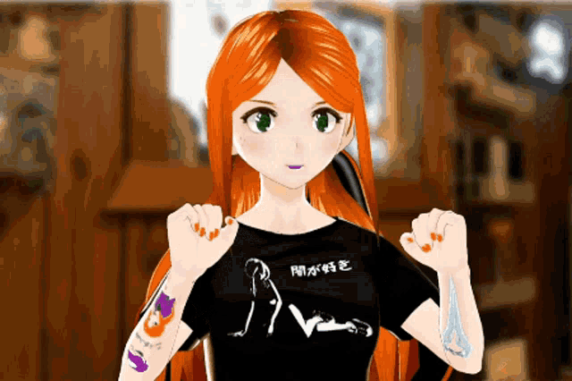 a girl with red hair is wearing a black t-shirt that says " ve " on it