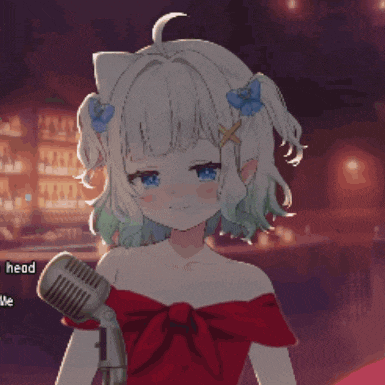 a girl in a red dress is standing in front of a microphone with the word head above her