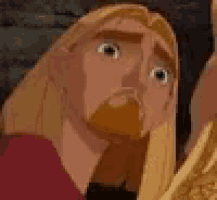 a cartoon character with long blonde hair and a beard is looking up .