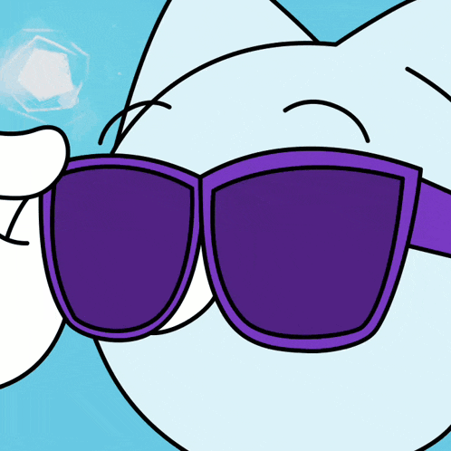 a cartoon character wearing purple sunglasses with a cube in the background