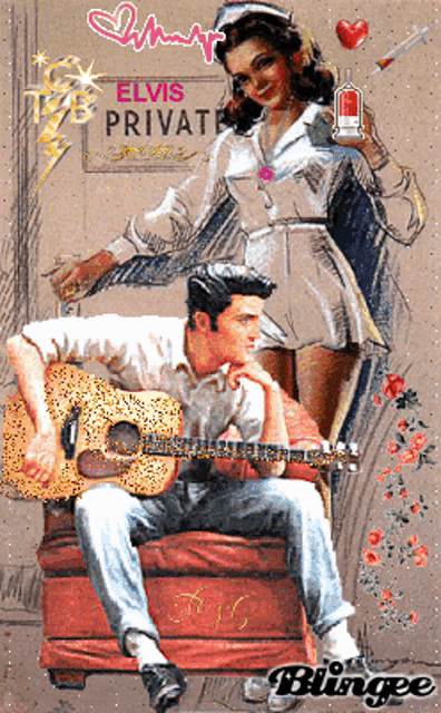 a painting of elvis presley sitting on an ottoman with a woman standing behind him