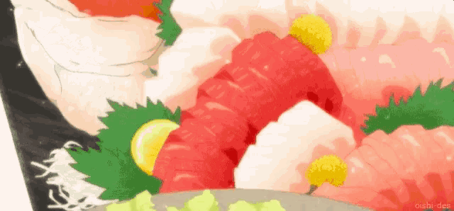 a close up of a plate of sushi with vegetables and lemons .