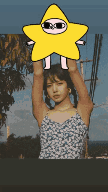 a woman in a blue dress holds up a yellow star with a cat on it 's head