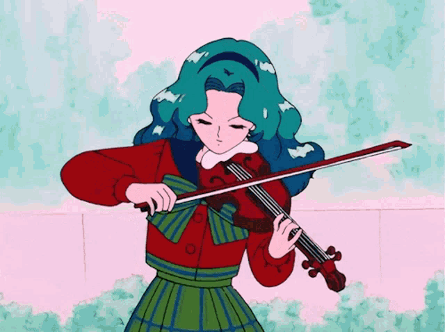 a girl with blue hair playing a violin