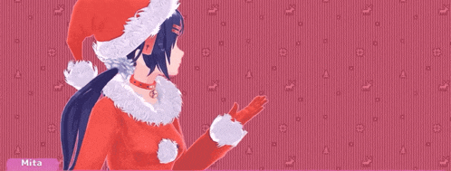 a girl in a santa hat is standing in front of a pink background