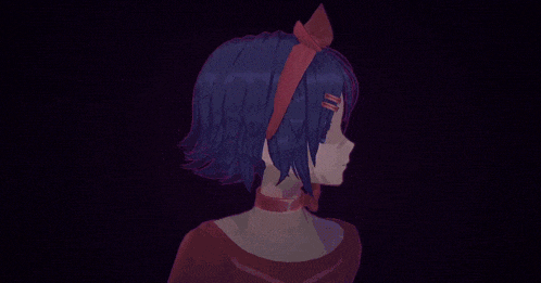 a girl with purple hair and a red headband giving a peace sign