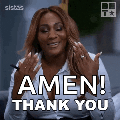 a woman is saying amen thank you with her hands in the air