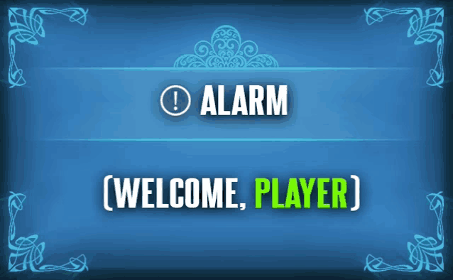a blue background with the words alarm welcome player on it
