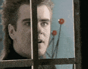 a man with a mullet looks out a window with a surprised look on his face