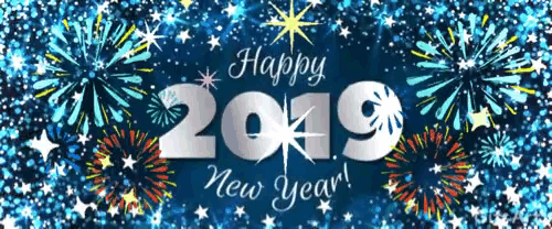 a blue background with fireworks and the year 2019