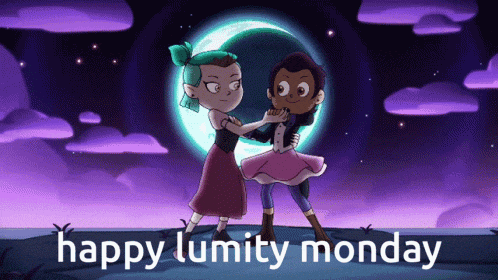 two cartoon characters are dancing in front of a full moon with the words happy lumity monday