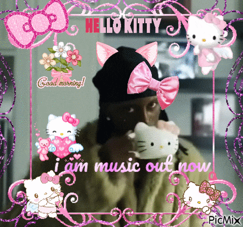 a hello kitty frame with a man in a black hat