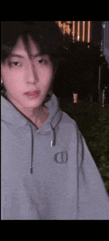 a close up of a person wearing a grey hoodie