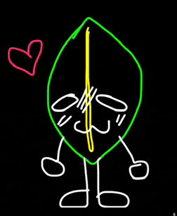 a drawing of a leaf with arms and legs and a heart in the background