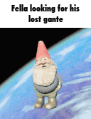 a gnome with a red hat is standing on a planet looking for his lost gante