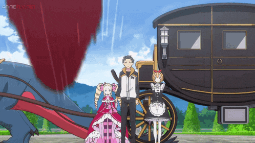 a group of anime characters are standing in front of a carriage
