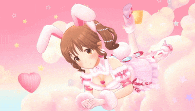 a girl in a bunny costume is laying on a pink cloud