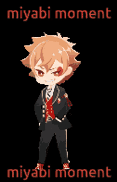 a pixel art of a boy in a suit with the words " miyabi moment miyabi moment " on the bottom