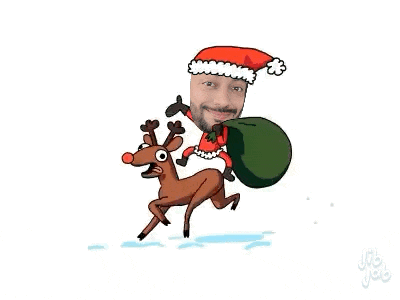 a man is riding on the back of a reindeer while carrying a bag of gifts .