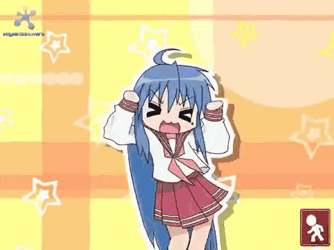 a cartoon girl with blue hair and a red skirt is dancing in front of a yellow background .