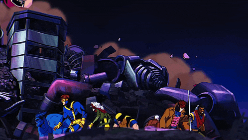 a group of cartoon characters are standing in front of a giant robot with the letter b on it