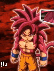 a cartoon character with pink hair and orange pants is standing in front of a red background ..