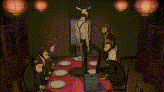 a group of people are sitting around a table with plates and lanterns