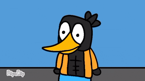 a cartoon of a duck wearing a black and orange outfit with flipa clip written on the bottom