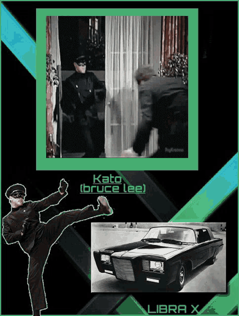 a picture of a man kicking and a picture of a car with the name kato bruce lee