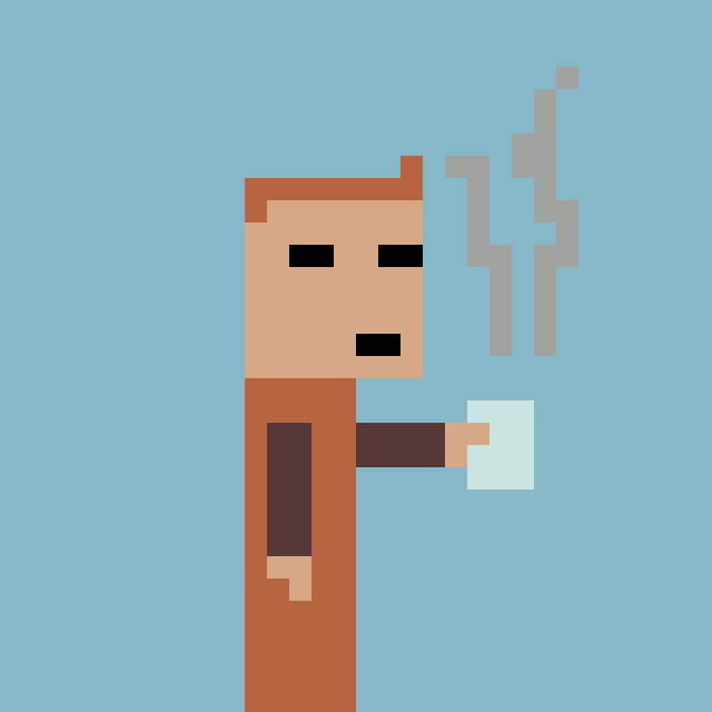 a pixel art illustration of a man holding a cup of coffee