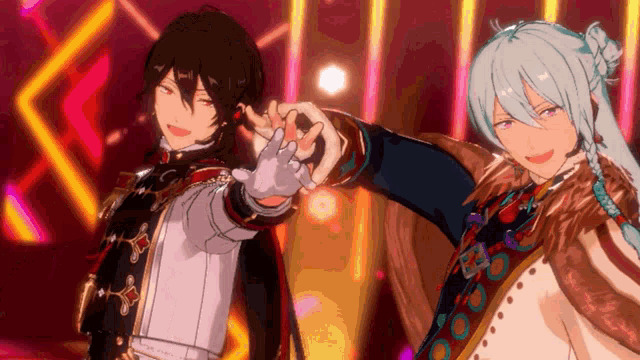 two anime characters are standing next to each other and making a heart shape with their hands