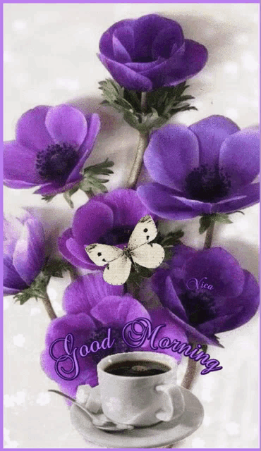 a picture of purple flowers and a cup of coffee with the words good morning written on it