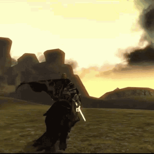 a video game character is standing in a field with a sword