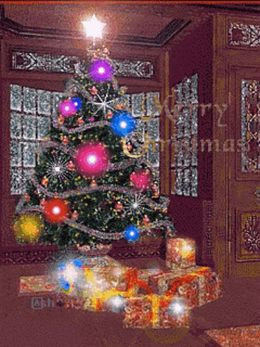 a christmas tree with gifts underneath it and the words merry christmas