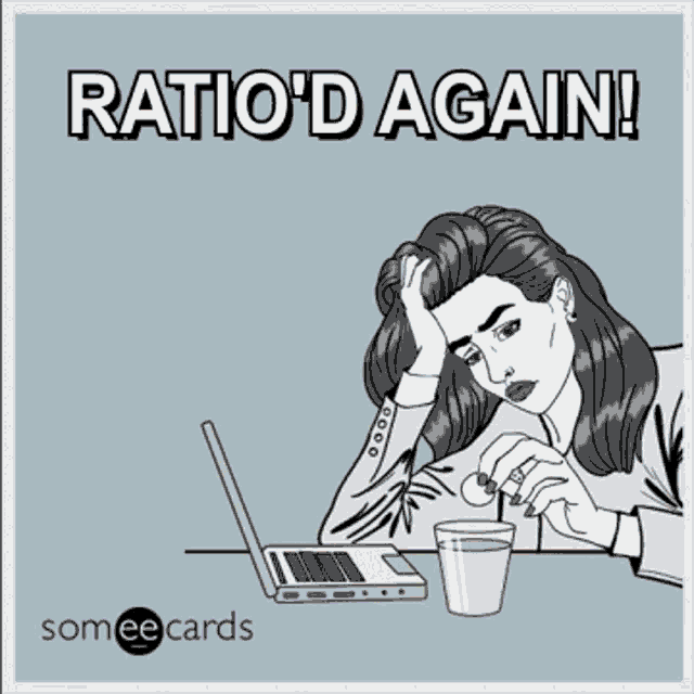 a cartoon of a woman looking at a laptop with the words ratio 'd again written on the bottom