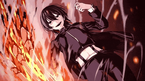 a drawing of a person with a fire background
