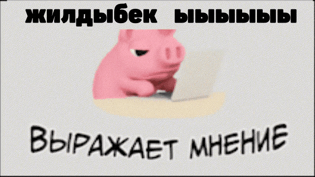 a pink pig is sitting at a table with a laptop and the words выражает мнение below it