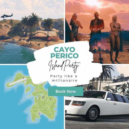 an advertisement for cayo perico island party shows a map of the island
