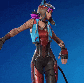 a woman in a futuristic outfit is standing in front of a blue background and waving her hand .