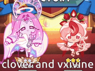 a couple of cartoon characters standing next to each other with the words clover and vxivine below them