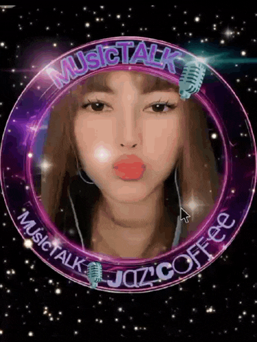 a picture of a girl in a circle with the words music talk jazz coffee